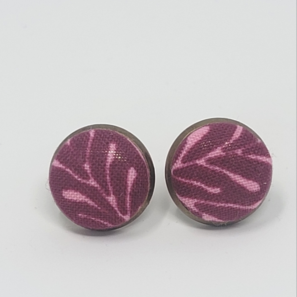 New Handmade | Upcycled Plum & Pink Print Fabric Button Stud Earrings.